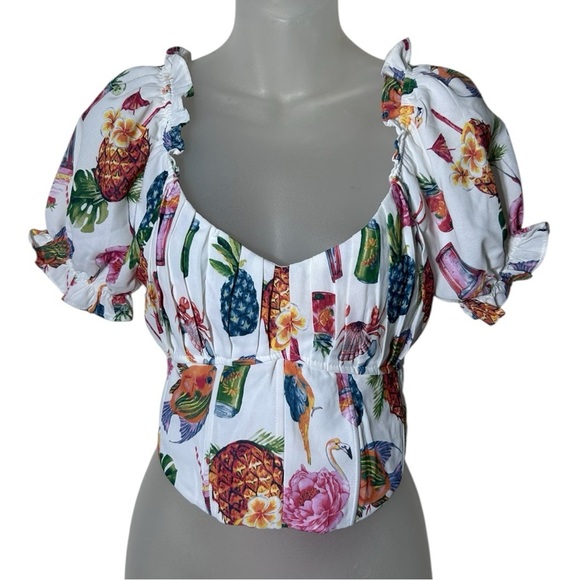 Mine Pina Colada Tropical Top Corset Crop Multicolor Puff Sleeve Size M NWOT - Picture 5 of 14